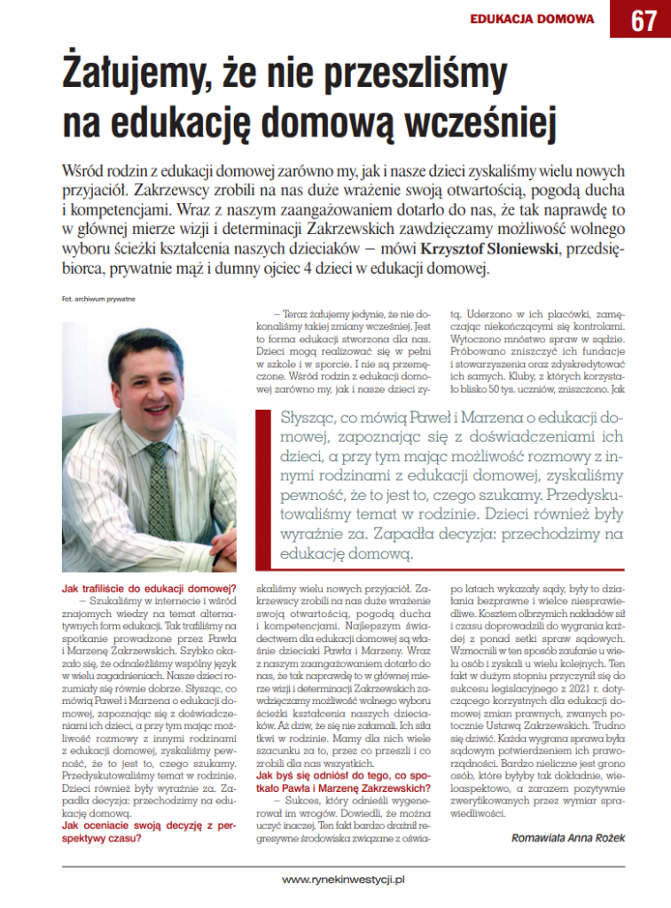 Krzysztof Słoniewski - Edukacja domowa - Rynek Inwestycji